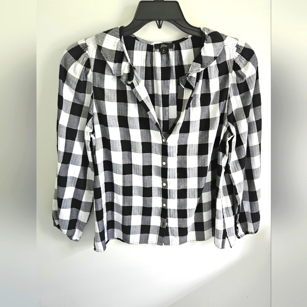 J. Crew Checkered Black White Blouse Metallic Thread